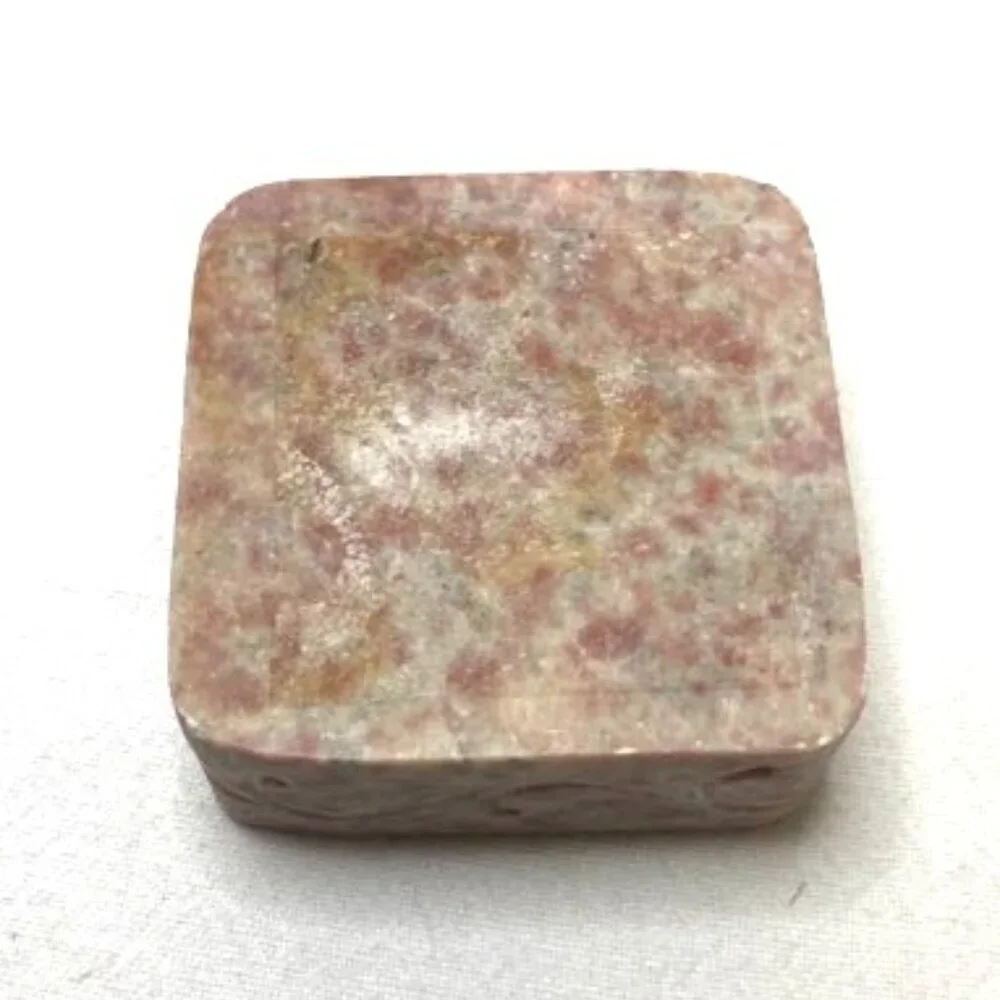 Vtg‎ Soapstone Votive Tea Light Holder Pink Square Carved Scroll Boho